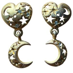 Vintage Gold Heart Moon Star‎ Dangle Earrings Rhinestone Celestial 80s 90s